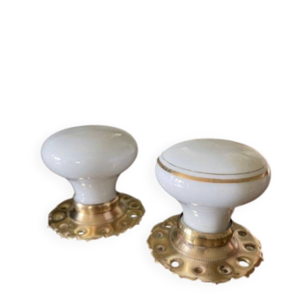 pair of round porcelain and copper Art Deco handles