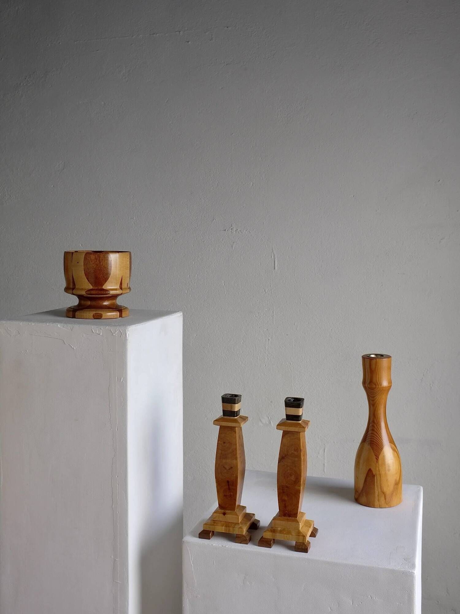 Carved wooden candle holders and bowl set | Sweden | 1970s