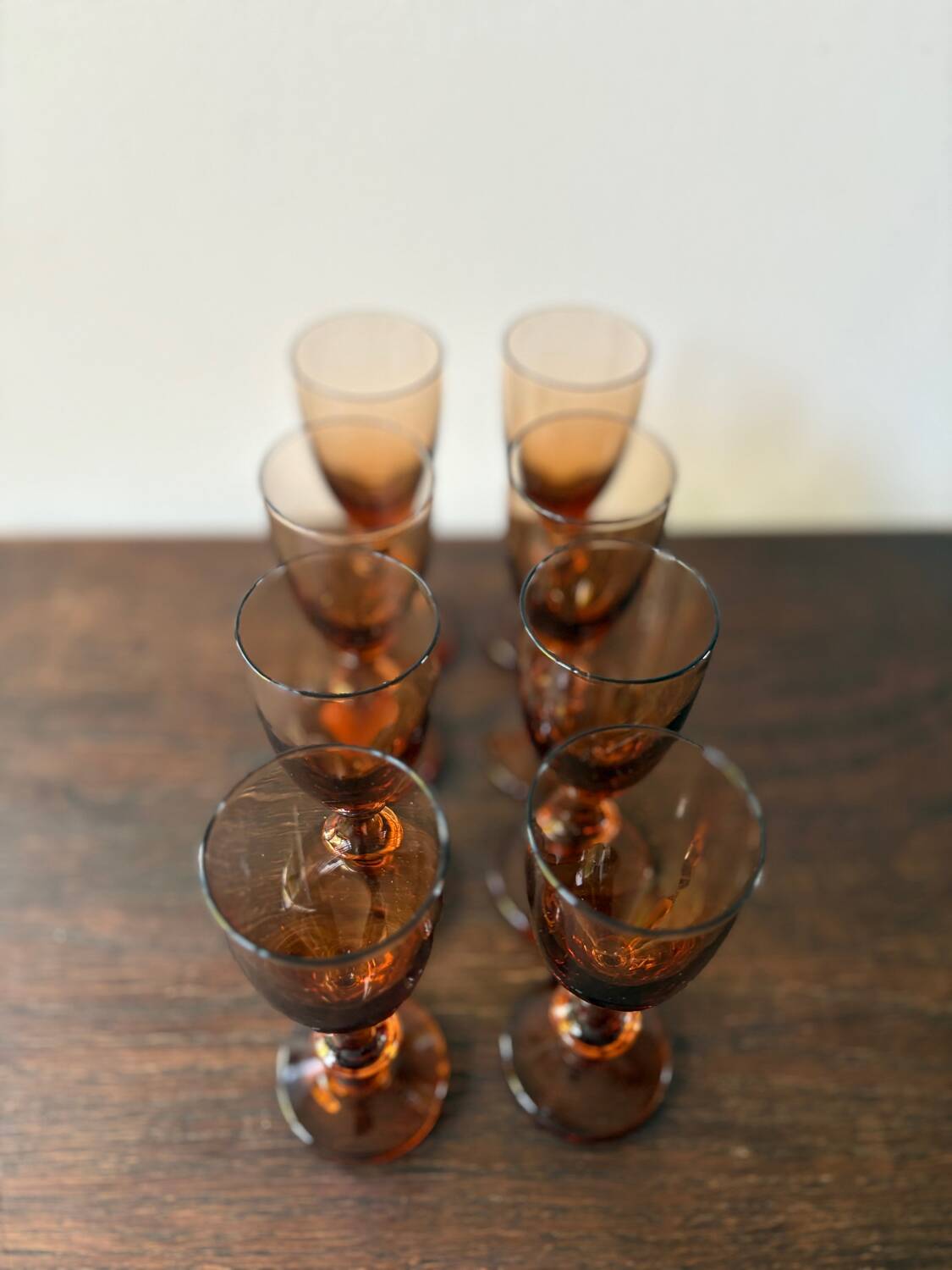 Set of 8 vintage amber portieux crystal glasses from the 70s