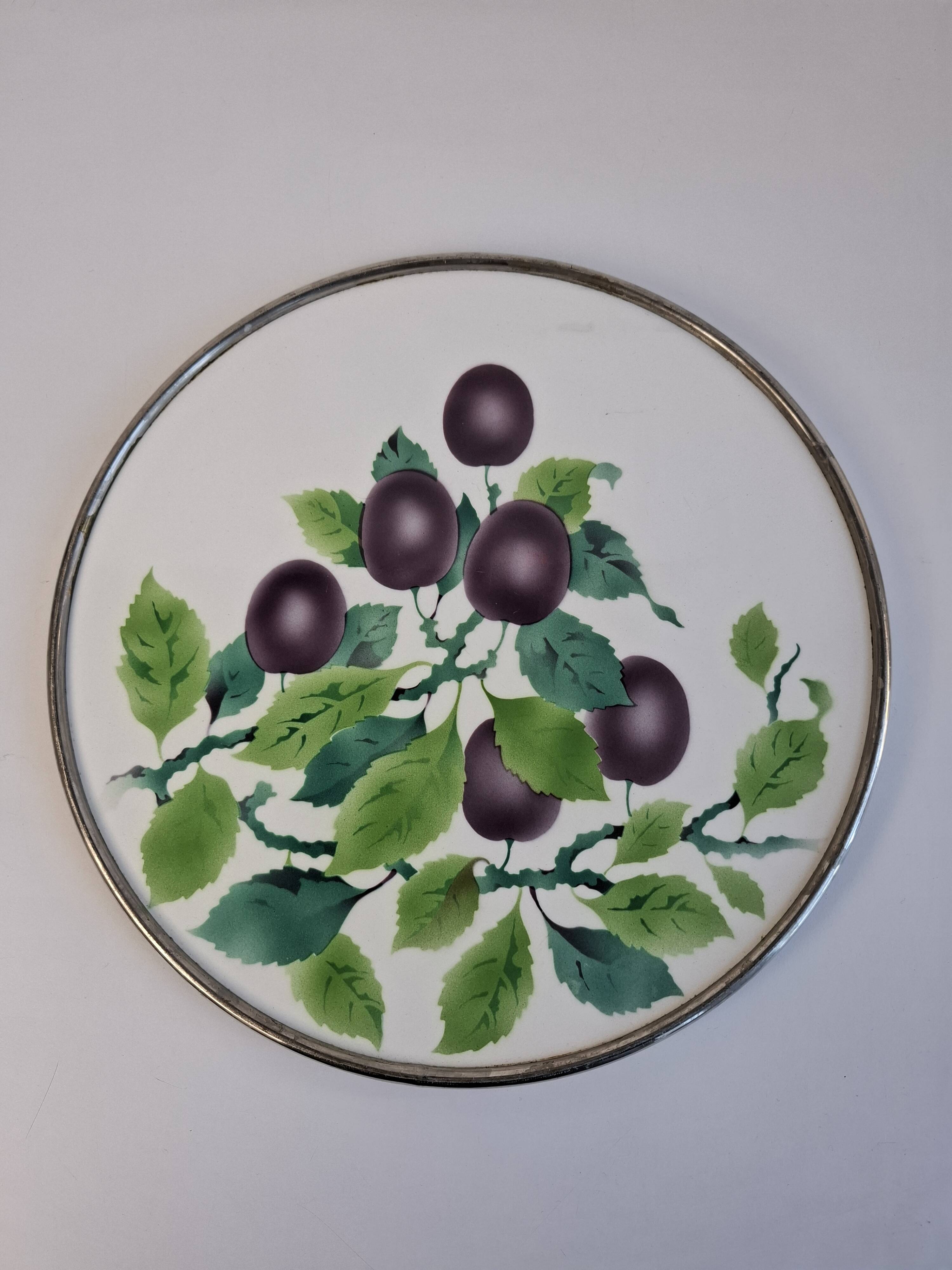 Czechoslovak Art Deco Porcelain Tray with Plum Motif and Metal Rim, 1930s