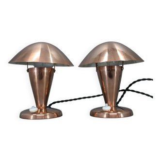 1930s Pair of Bauhaus Mushroom Table Lamps in Copper Finish, Czechoslovakia