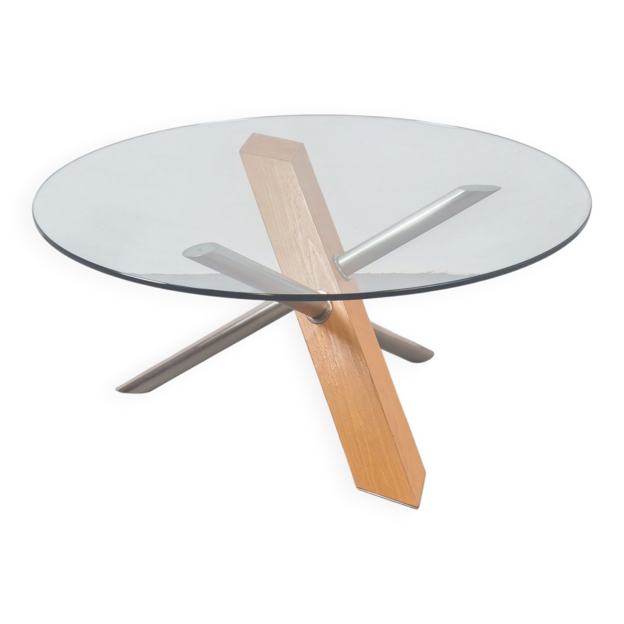 Table basse croisée postmoderne en bois, acier inoxydable et verre, Italie, années 1990.