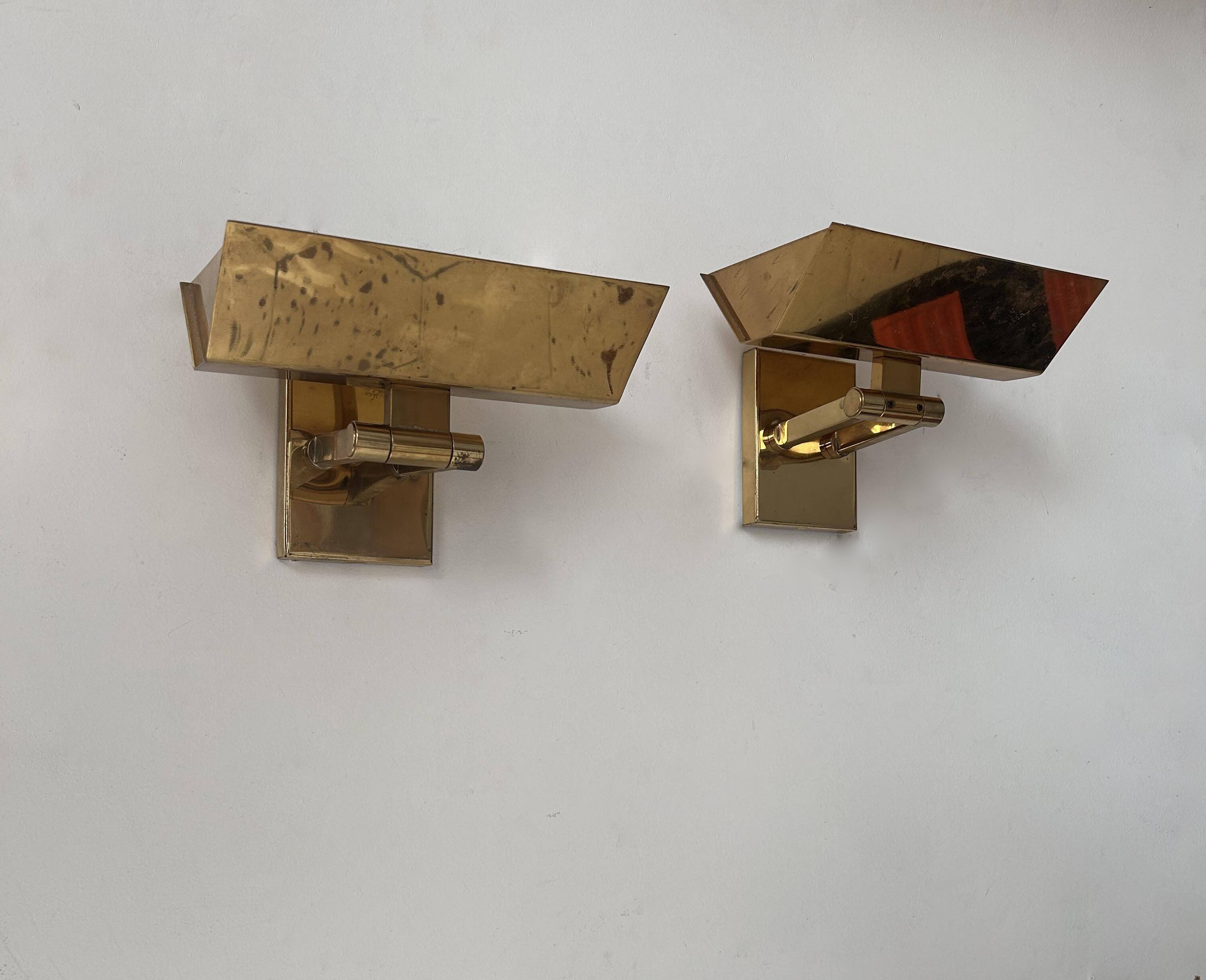 Pair of vintage adjustable wall lights, solid brass, Italy 1970