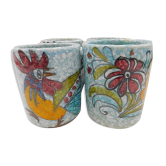 4 mugs made of Spanish earthenware - Rooster - Flowers