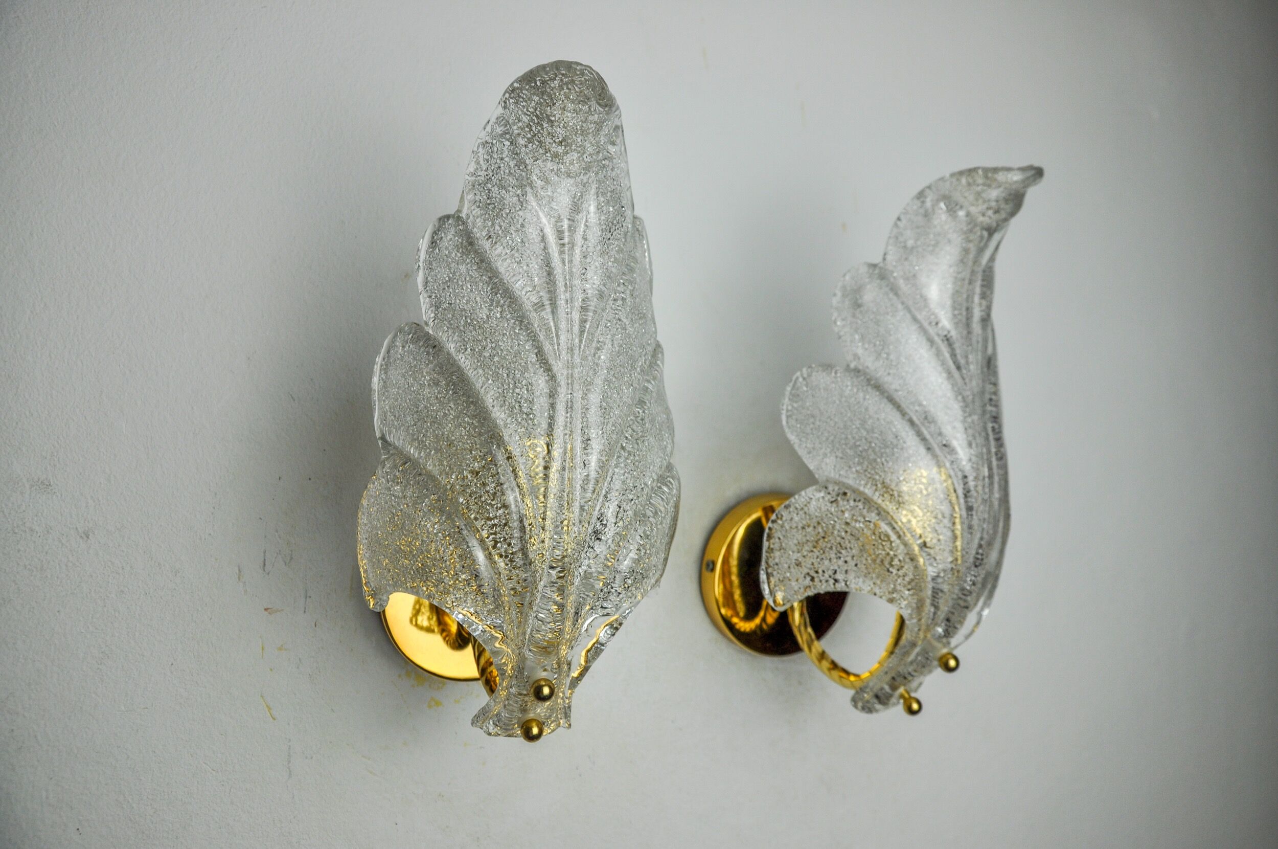 Pair of frosted leaf sconces, murano glass, italy, 1970