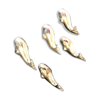 5 silver metal knife holders, whale