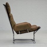 1970s, Norwegian design by Harald Relling, original condition, leather, chrome steel, teak wood.