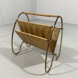 Porte-revues en laiton et rotin des années 1950