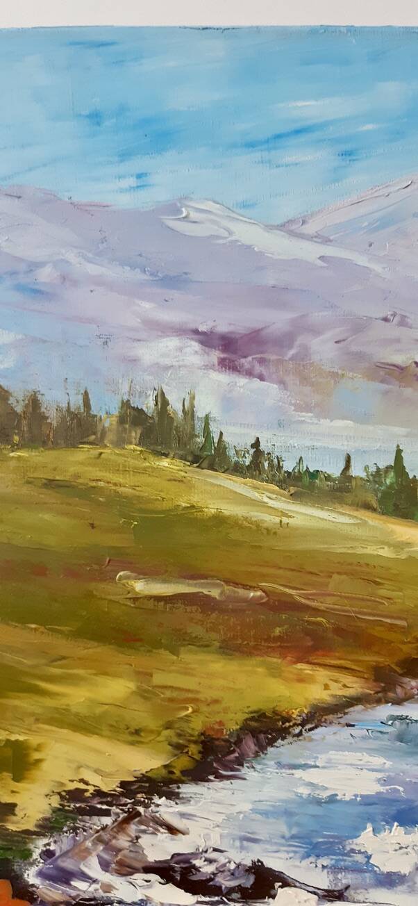 Painting oil on canvas landscape river mountains vintage