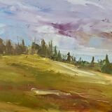 Painting oil on canvas landscape river mountains vintage