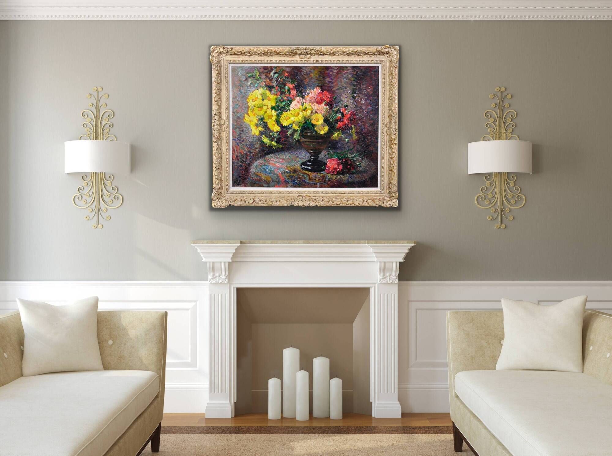 Jean Chaleye 1878-1960.Still Life Carnations & Marigolds.Framed Oil On Board.