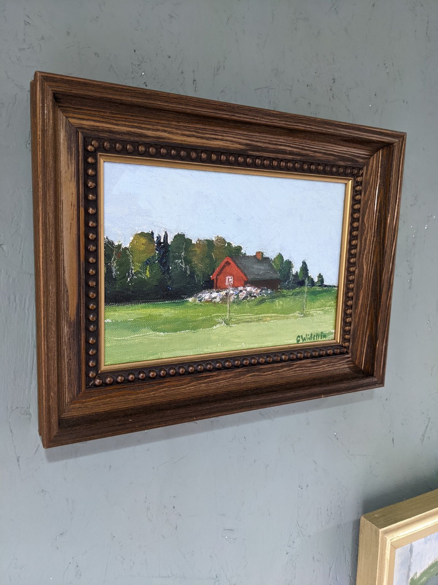 Mid-Century Modern Swedish "Red Cottage" Vintage Landscape Oil Painting, Framed