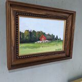 Mid-Century Modern Swedish "Red Cottage" Vintage Landscape Oil Painting, Framed
