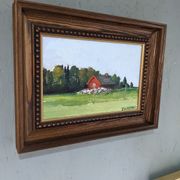 Mid-Century Modern Swedish "Red Cottage" Vintage Landscape Oil Painting, Framed
