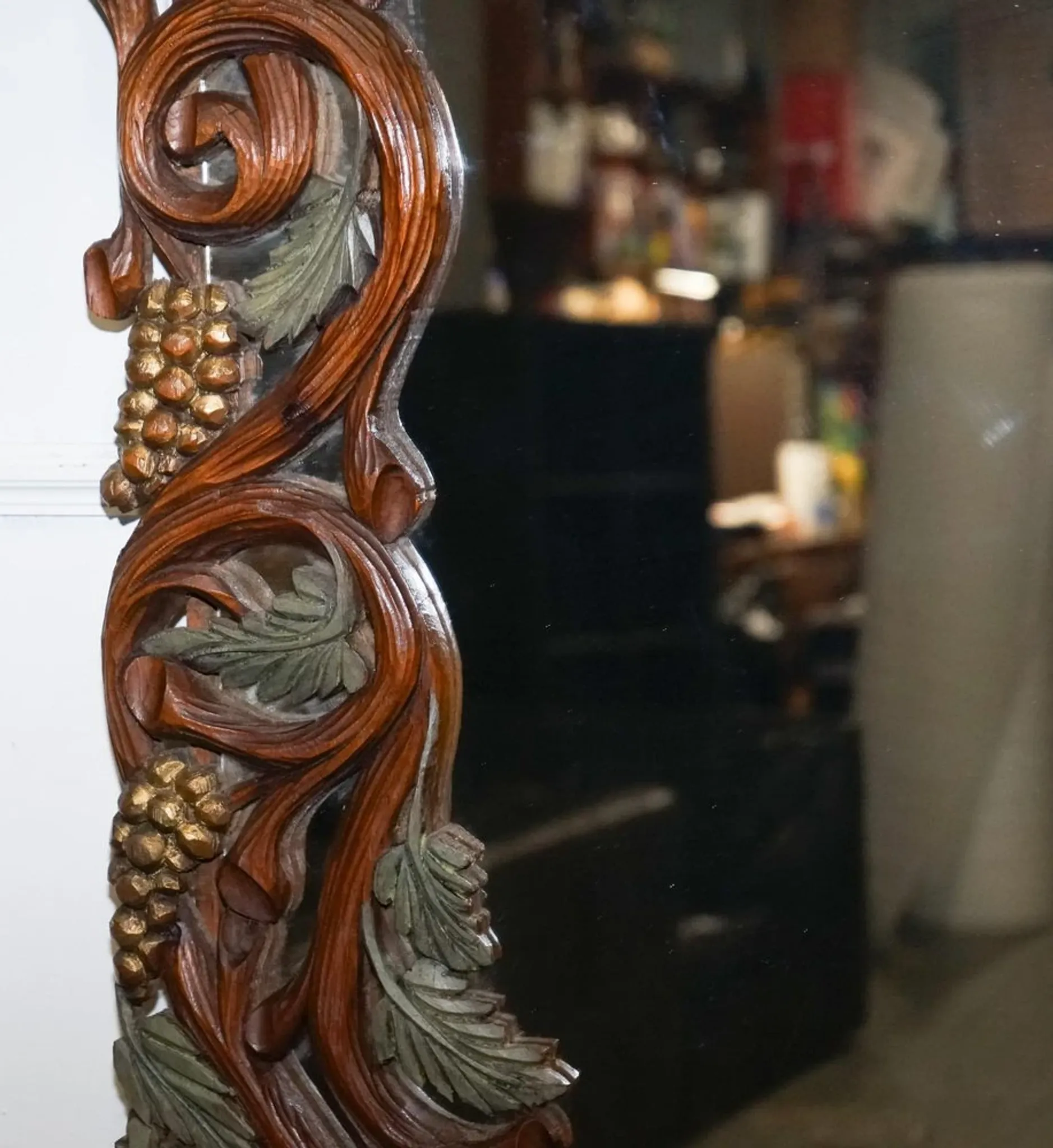 Vintage Black Heavily Carved Wooden Forest Wall Mirror