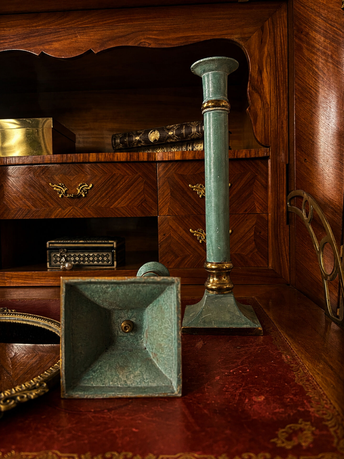 Exceptional pair of large candlesticks in patinated greenish-blue brass.