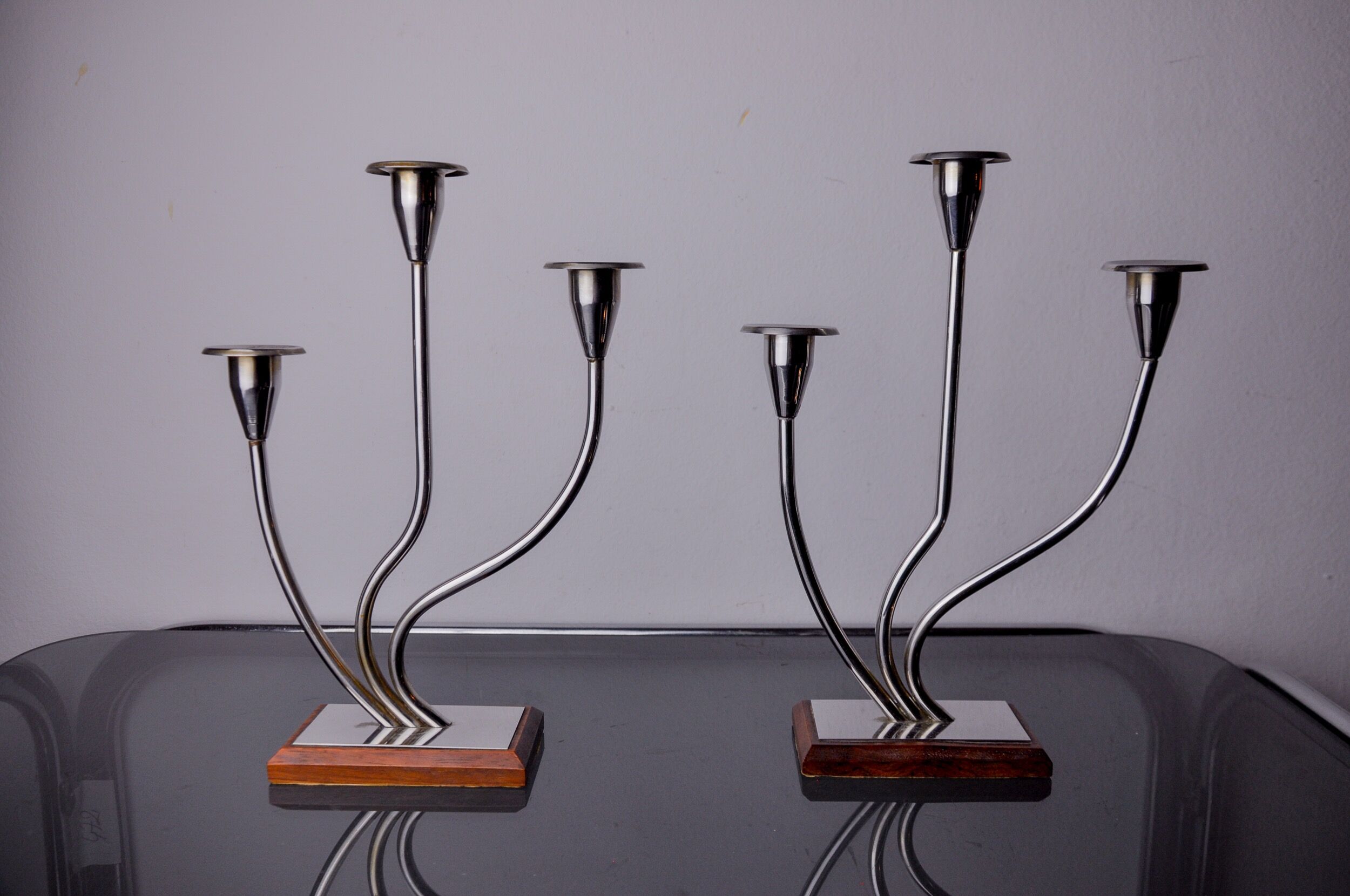 Pair of art deco candlesticks in stainless steel and rosewood 3 flames, Spain, 1970