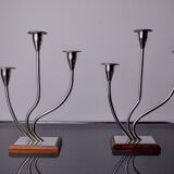 Pair of art deco candlesticks in stainless steel and rosewood 3 flames, Spain, 1970
