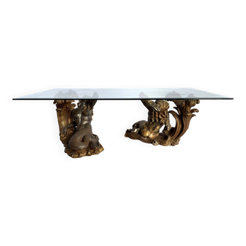 Table basse en bois doré vintage en forme de sirène, années 1960 - Italie