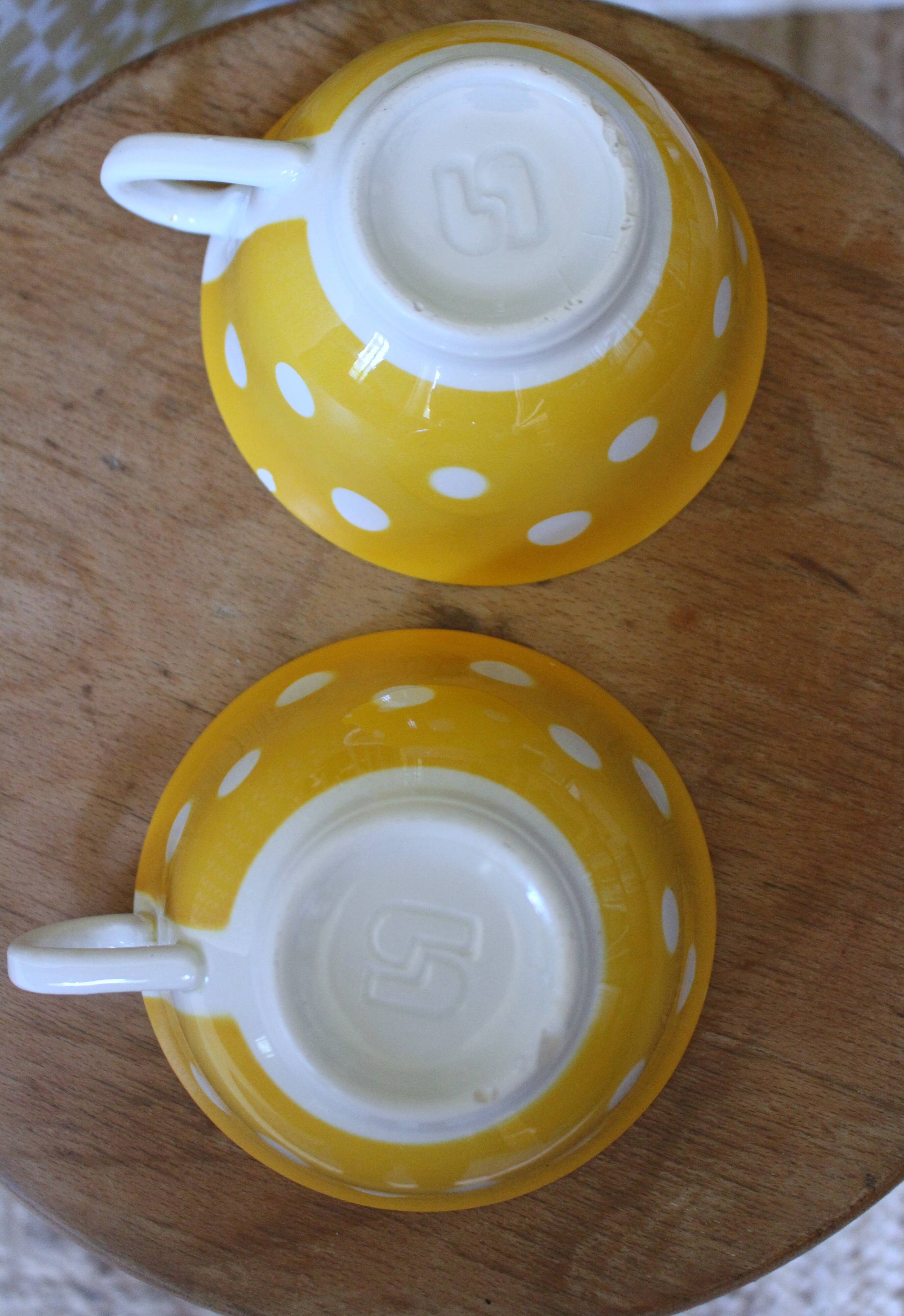 Two Large Yellow Polka Dot Cups Sarreguemines Vintage