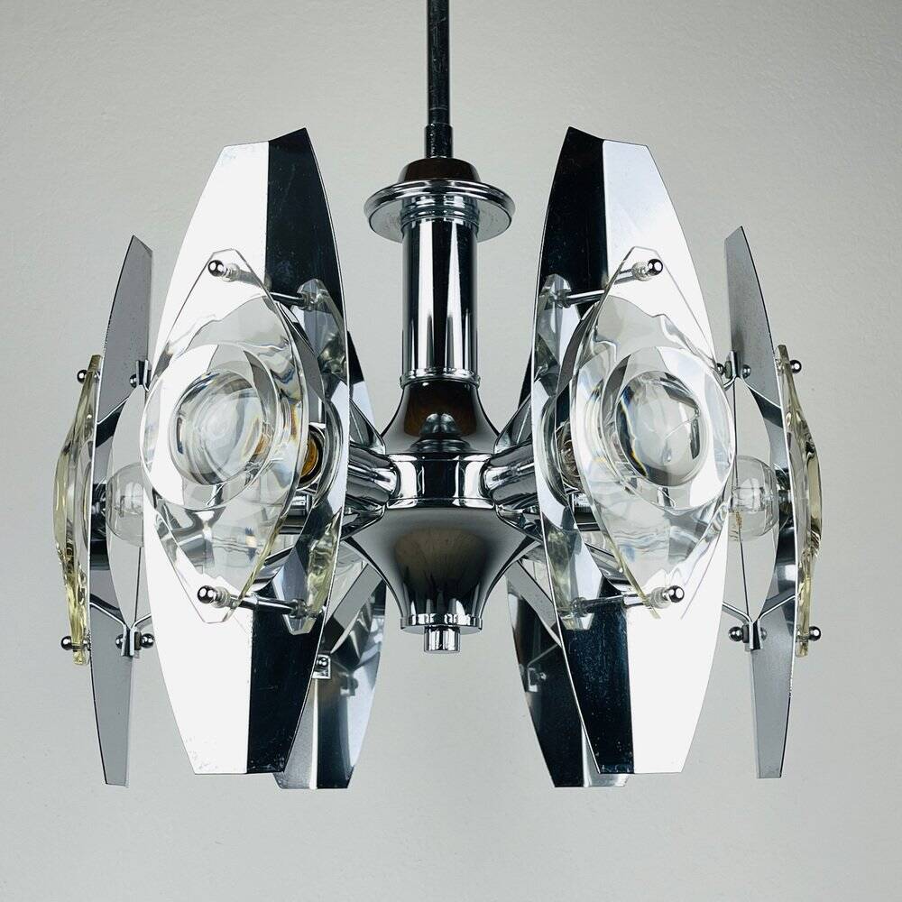 Chrome and glass lustre with lenses by Oscar Torlasco, Italy, 1960s.