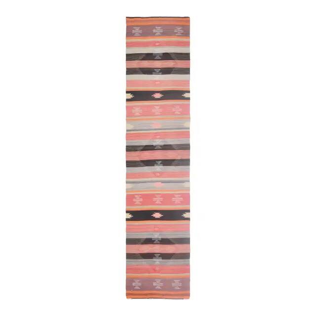 1970s Vintage Turkish Handmade Wool Cotton Orange Kilim Rug 78x254