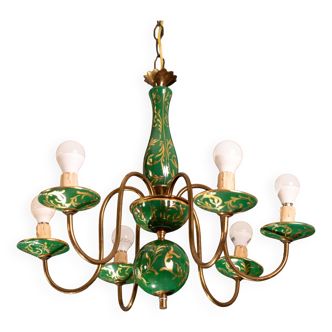 Art Deco Brass and Painted Terracotta Chandelier, 1950s