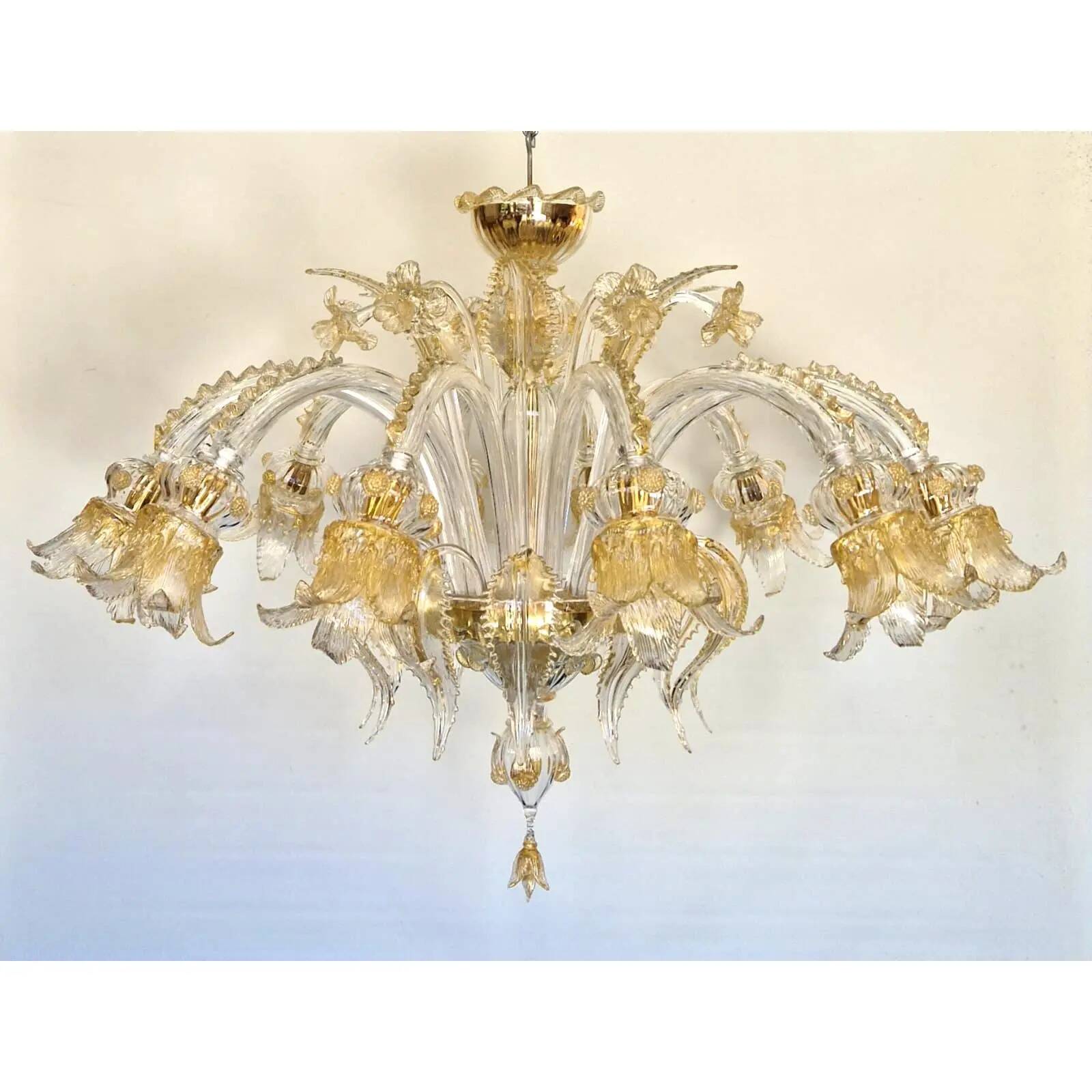 Opulent Gold and Clear Murano Glass Chandelier with Flowers and Leaves
