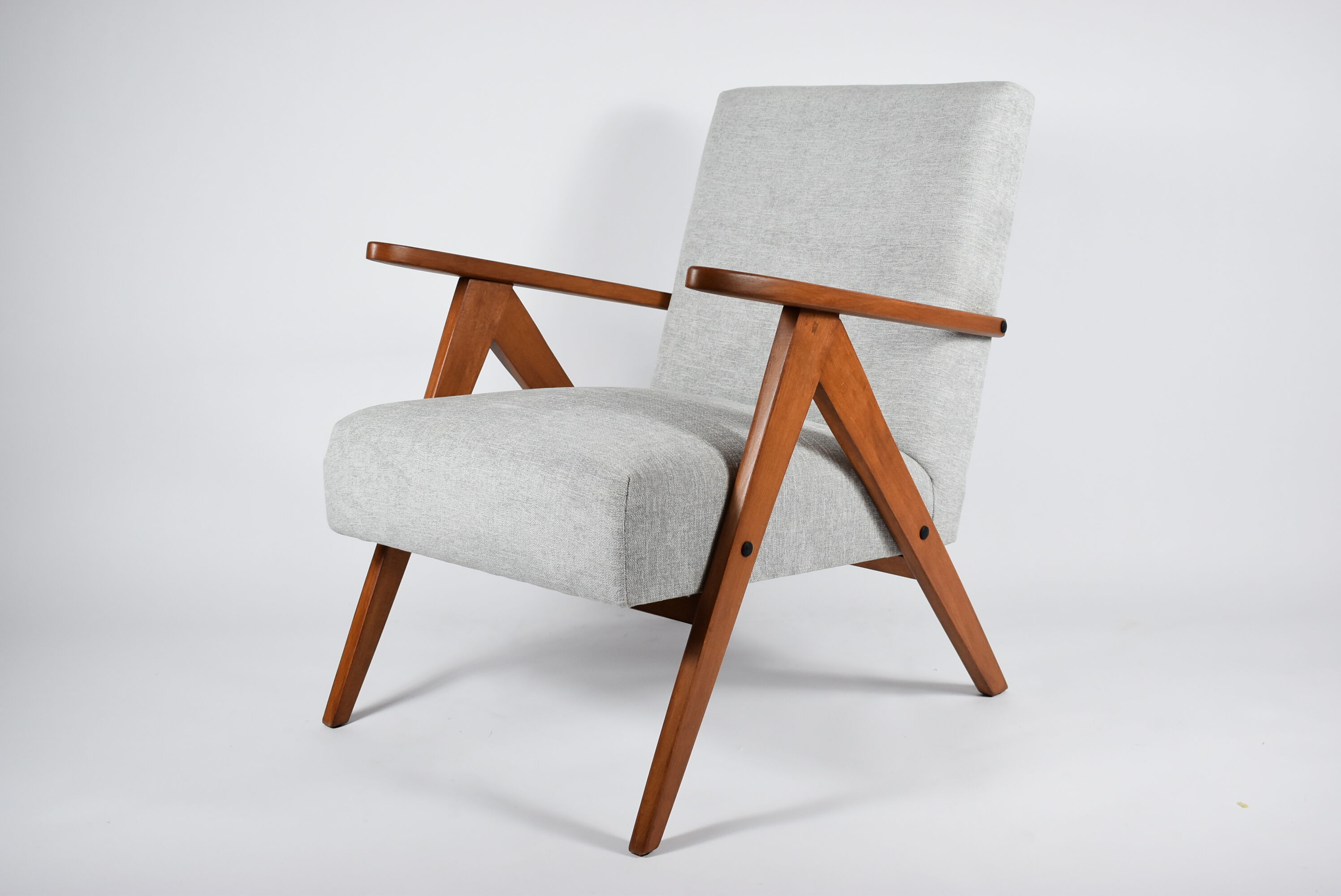 Vintage original armchair 1960s, totally restored, light grey fabric