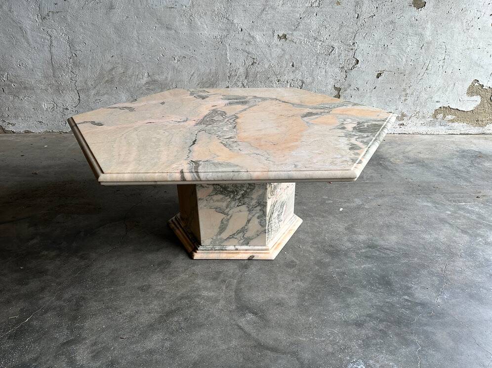 Vintage hexagonal pink and grey marble coffee table, 1980s