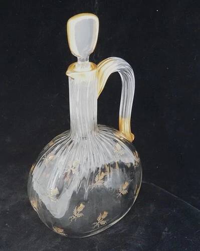 Daum Nancy, thistle carafe, engraved, gilded, crystal, very good condition.