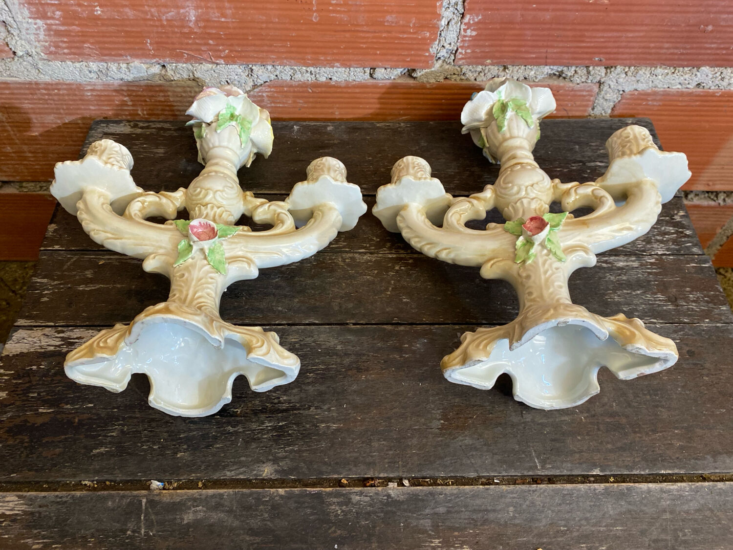 Pair of Double Candelabra Candle Holders CAPODIMONTE Polychrome Ceramic