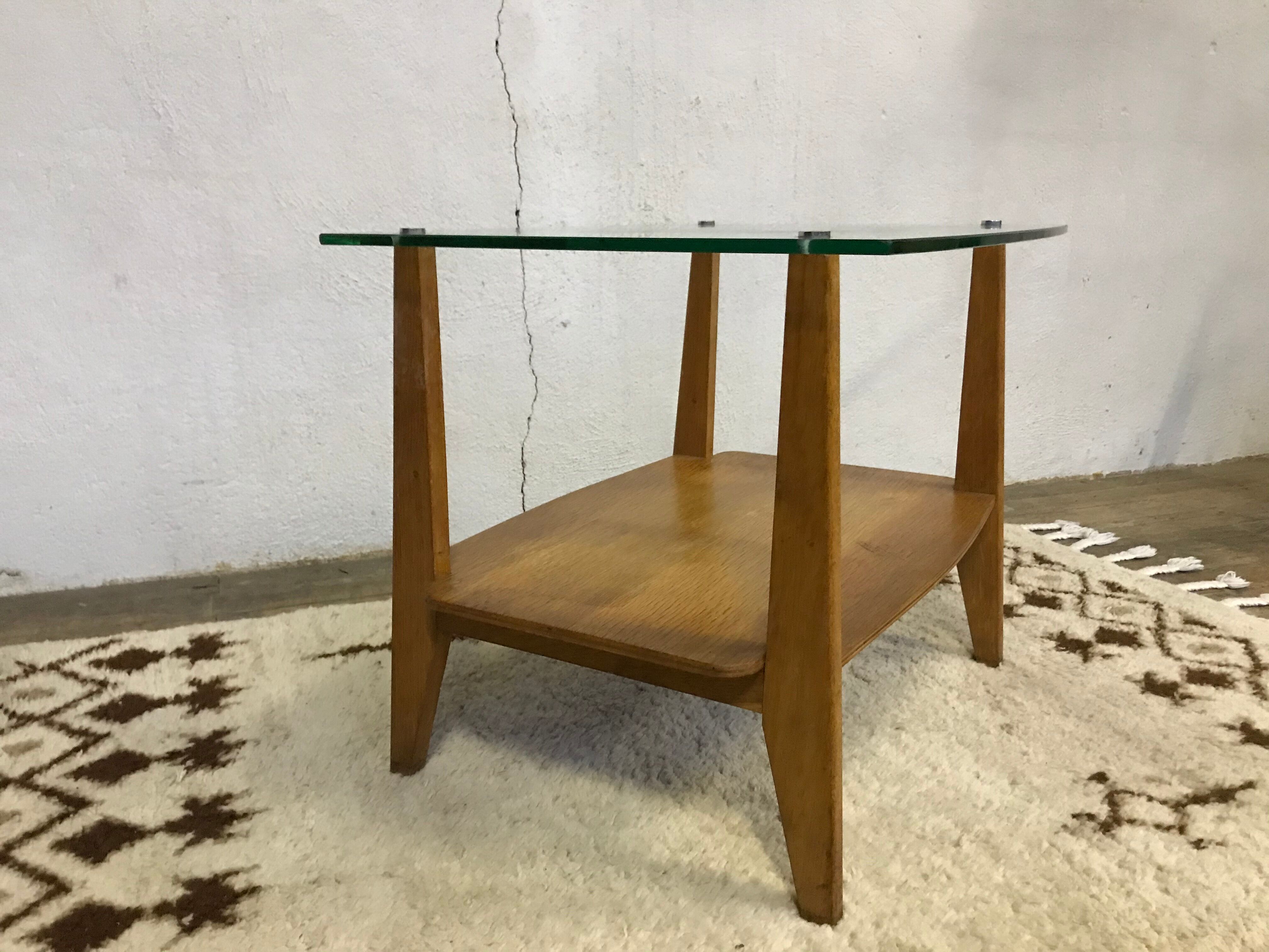 Glass coffee table with oak triangle shape 1950 1960 vintage modernist