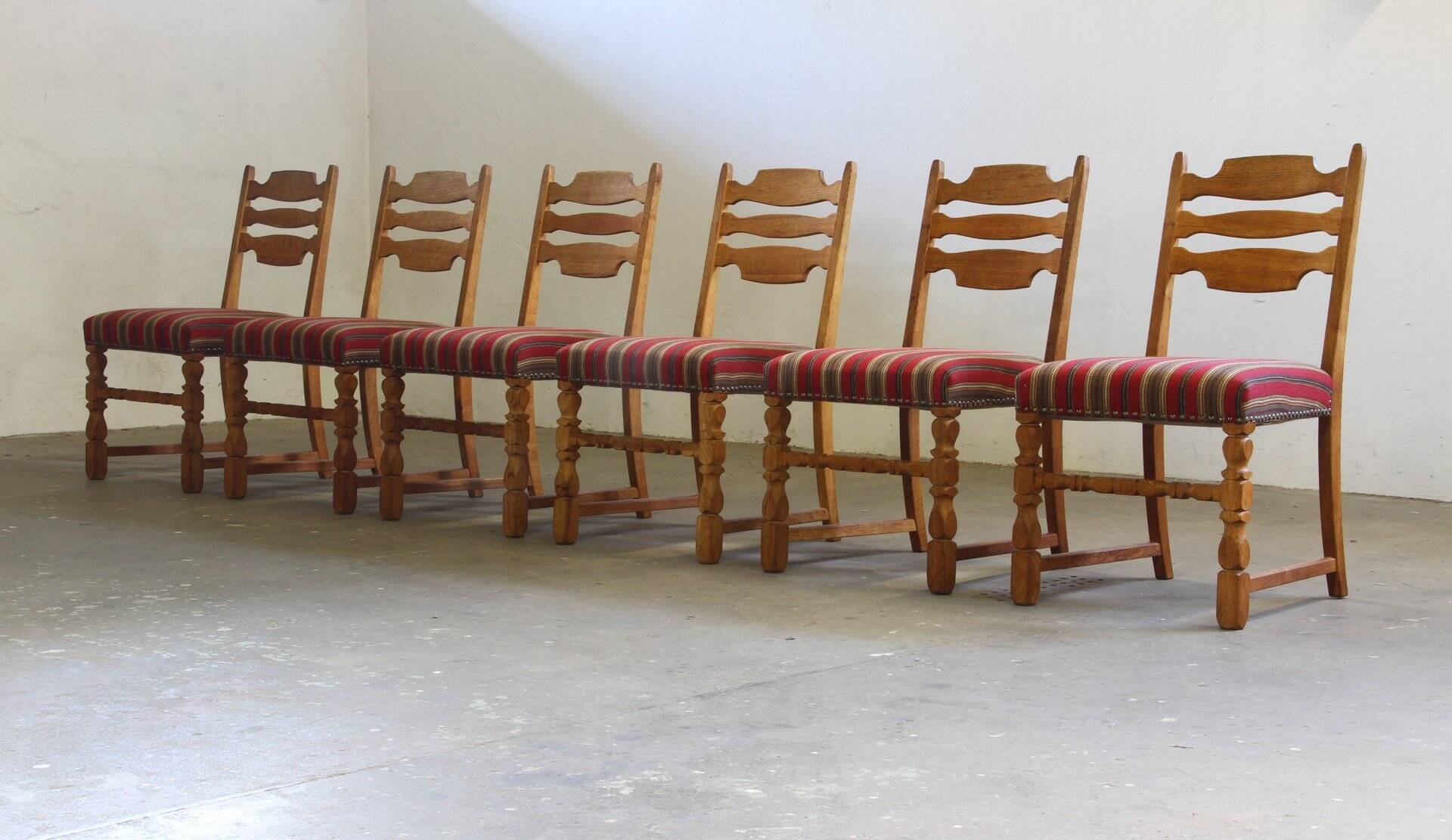 Danish modern brutalist oak dining chairs by Henning Kjærnulf, 1960s, set of 6