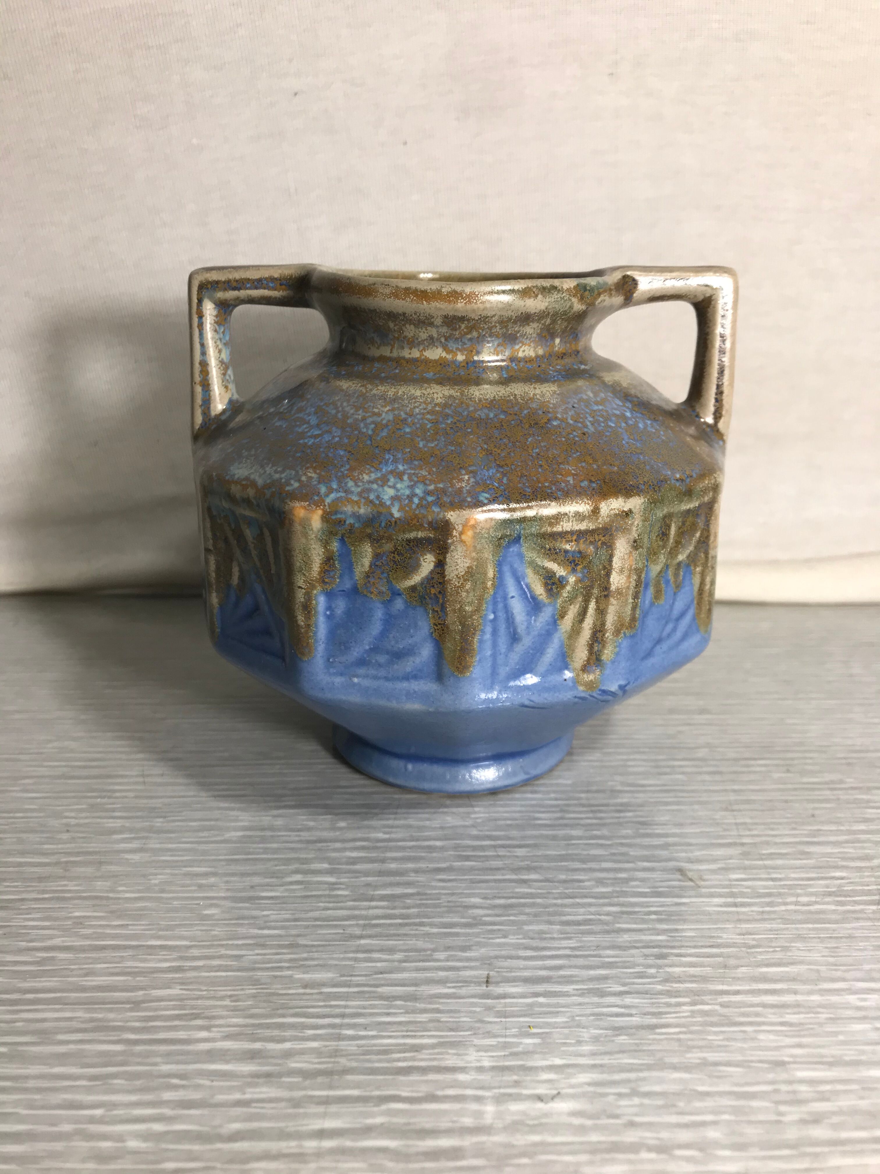 Ancient ART DECO Ceramics Blue Beige Vase Anses 30 Vintage