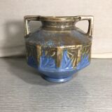 Vase ancien art deco céramique bleu beige avec anses années 30 vintage