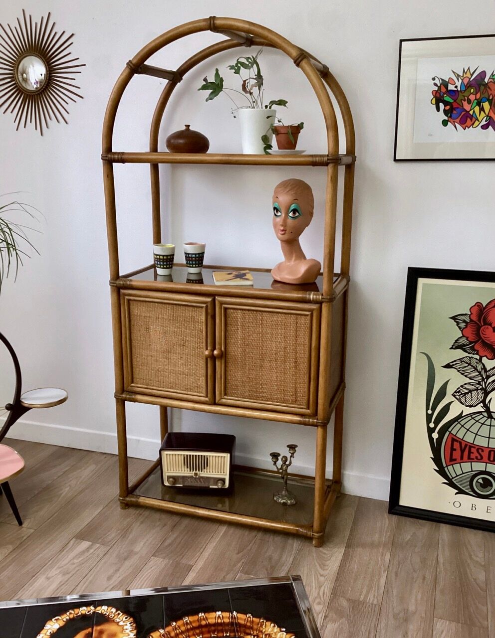 Bamboo shelf and smoked glass