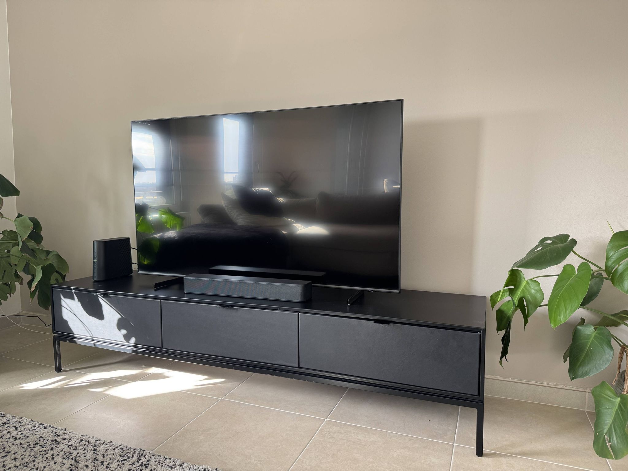 TV cabinet sideboard in metal, steel and leather, Réalto