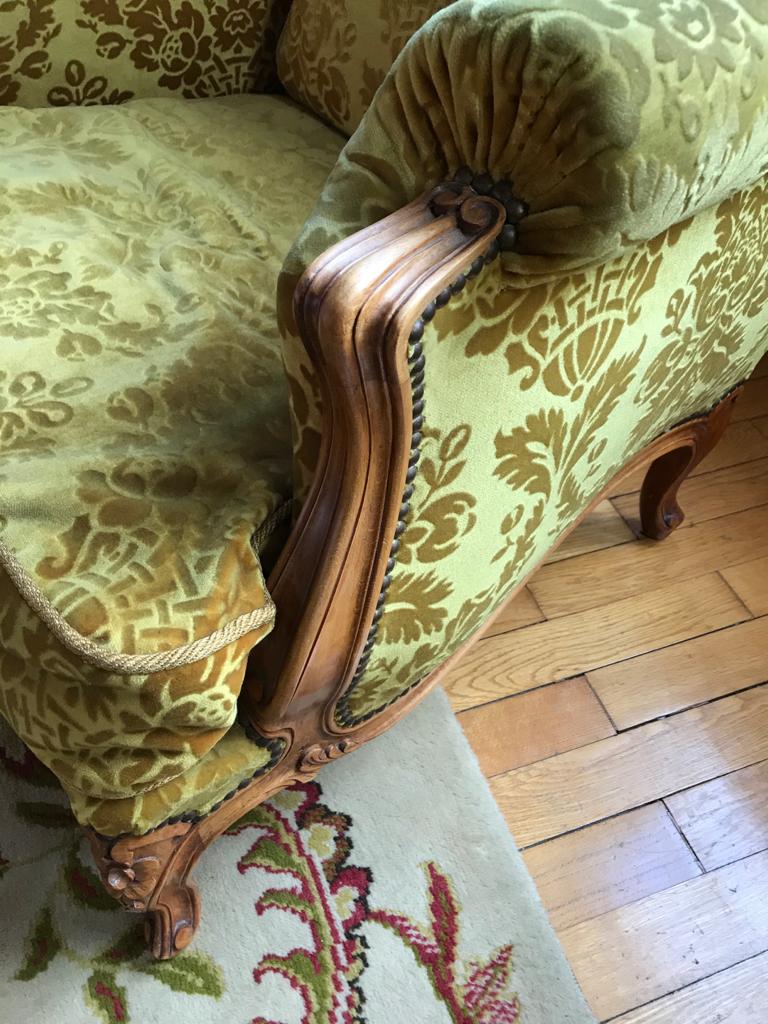 Armchair in golden yellow velvet and louis XV style cherry tree