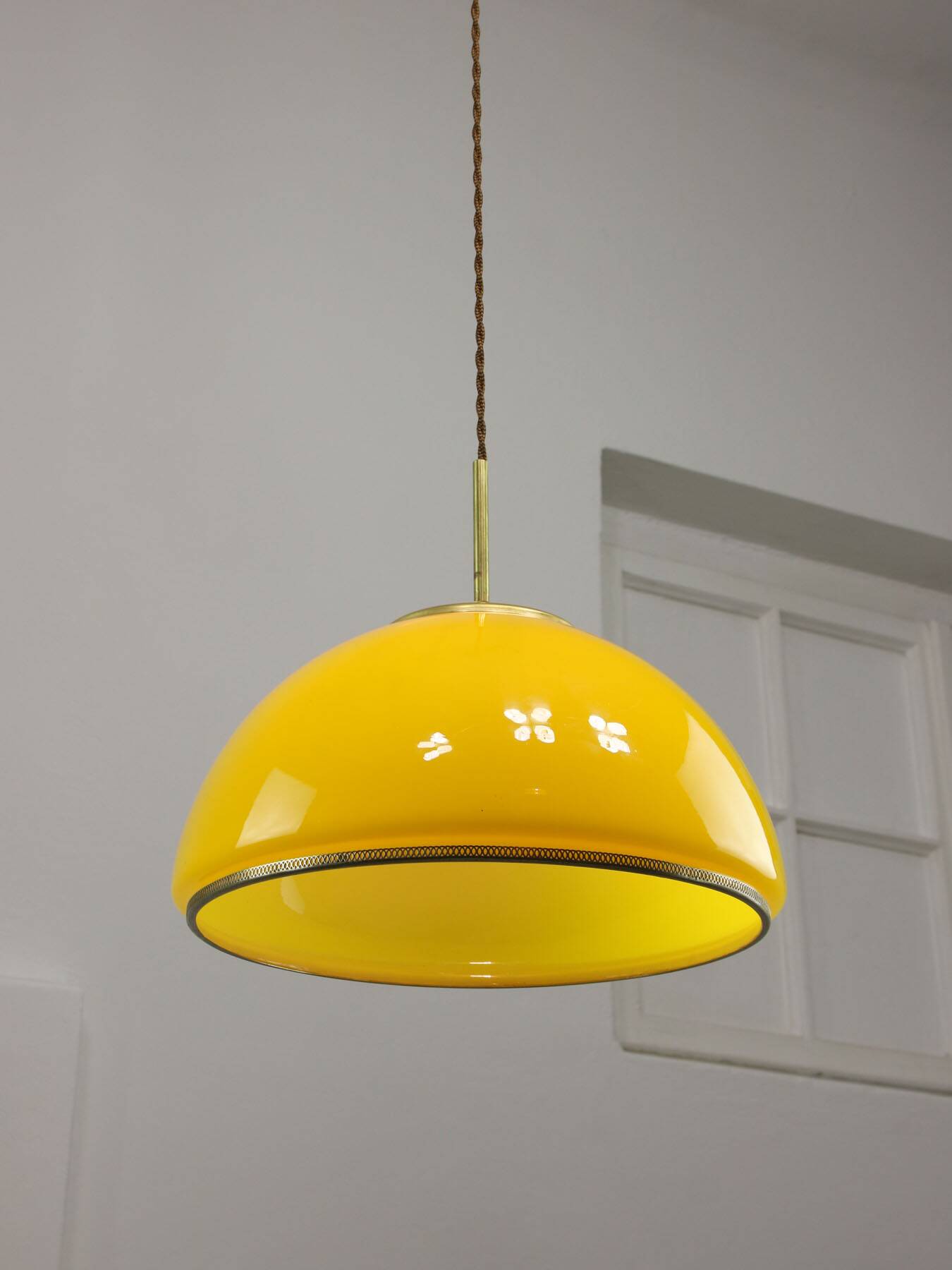 Mid-Century Italian Yellow Glass and Brass Pendant Lamp