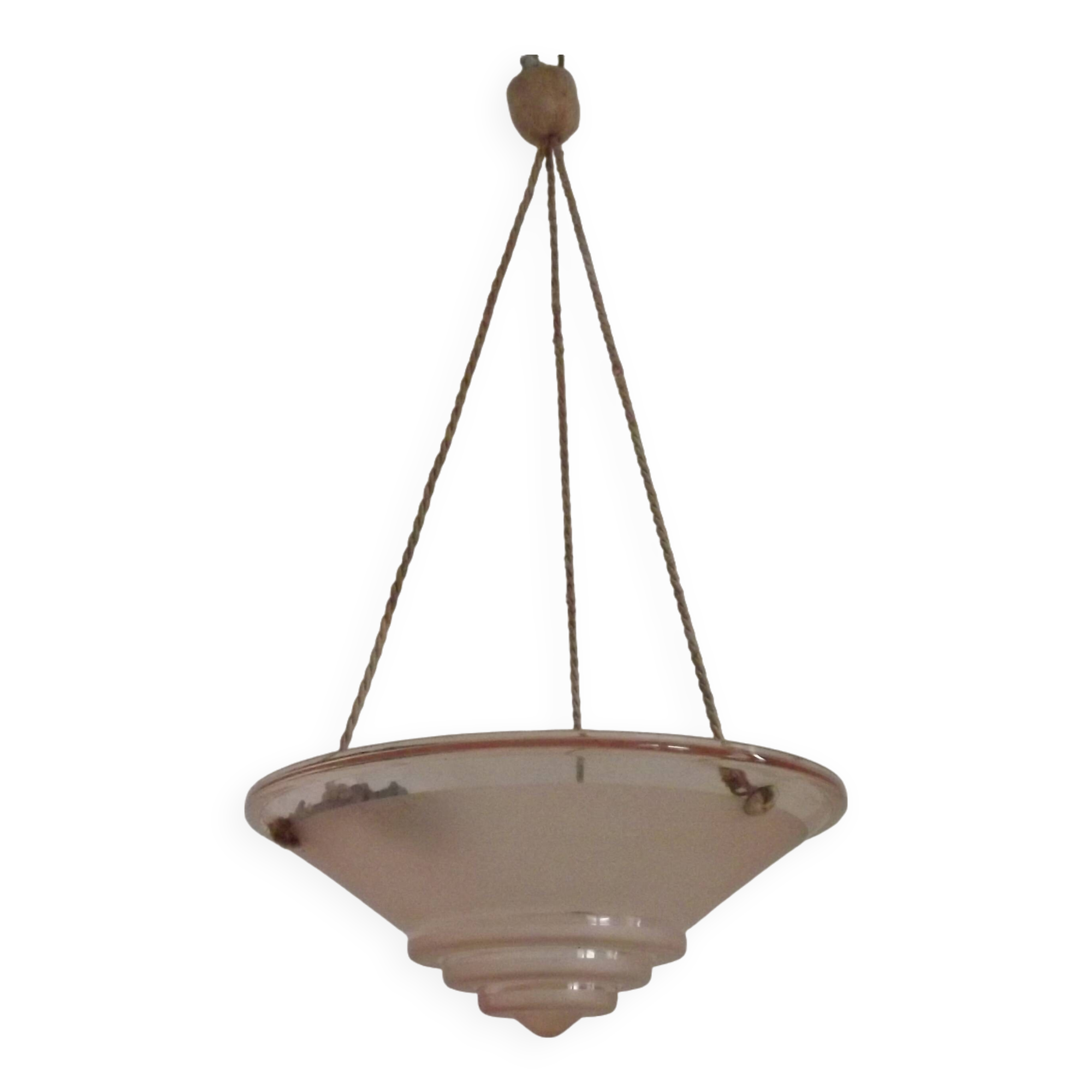 Vintage pink glass lamp with 3 cord hangers and pink ceiling 5001.