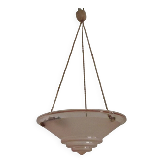 Lampe vintage en verre rose français avec 3 cintres à cordon et rose celing 5001