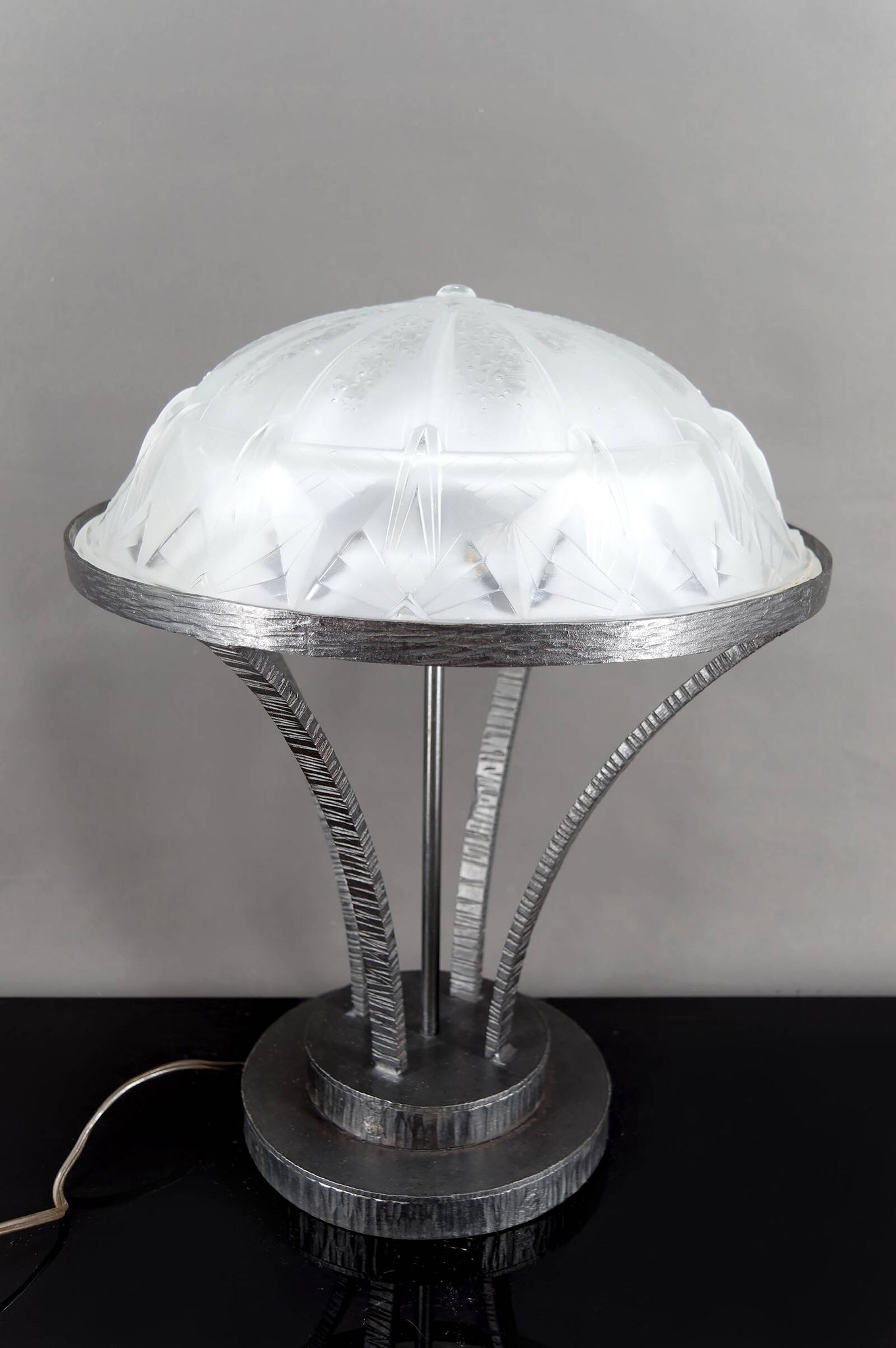 Important Art Deco Wrought Iron Lamp with Starry Glass Dome, c. 1930