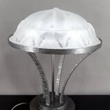 Important Art Deco Wrought Iron Lamp with Starry Glass Dome, c. 1930