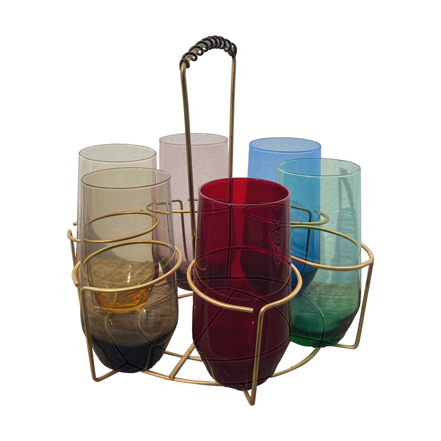 Crystal coloured water glasses in gilded metal glass holders 1970