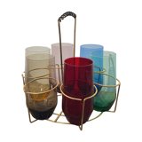 Crystal coloured water glasses in gilded metal glass holders 1970