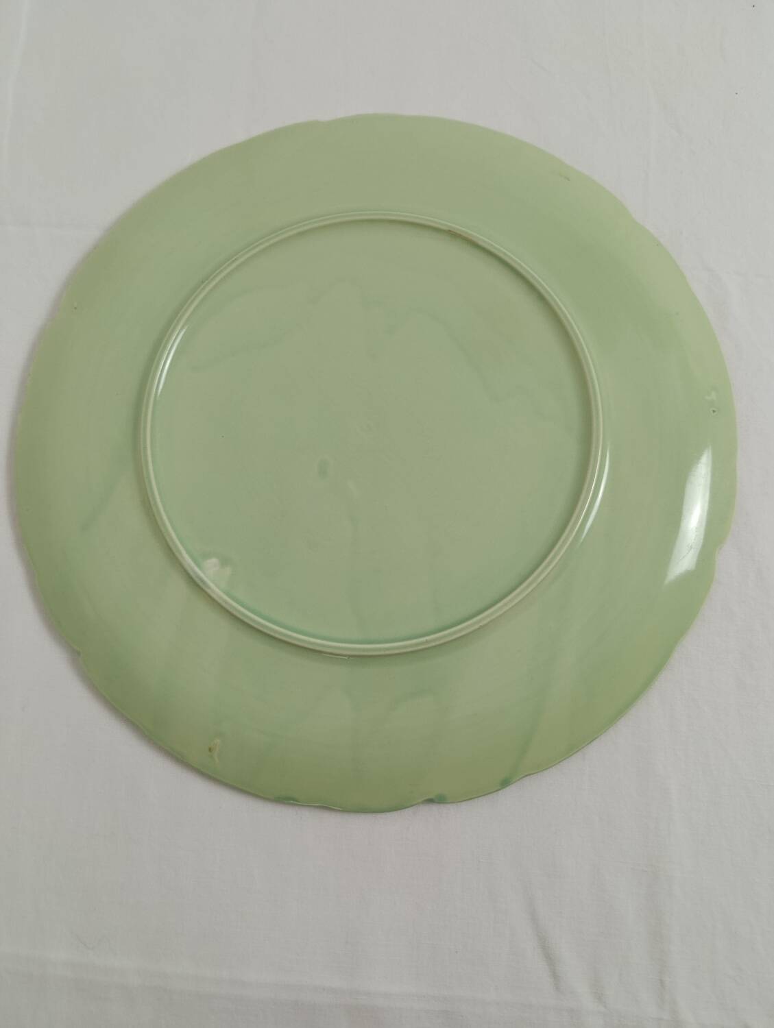 Large pastel green plate with a golden rim.