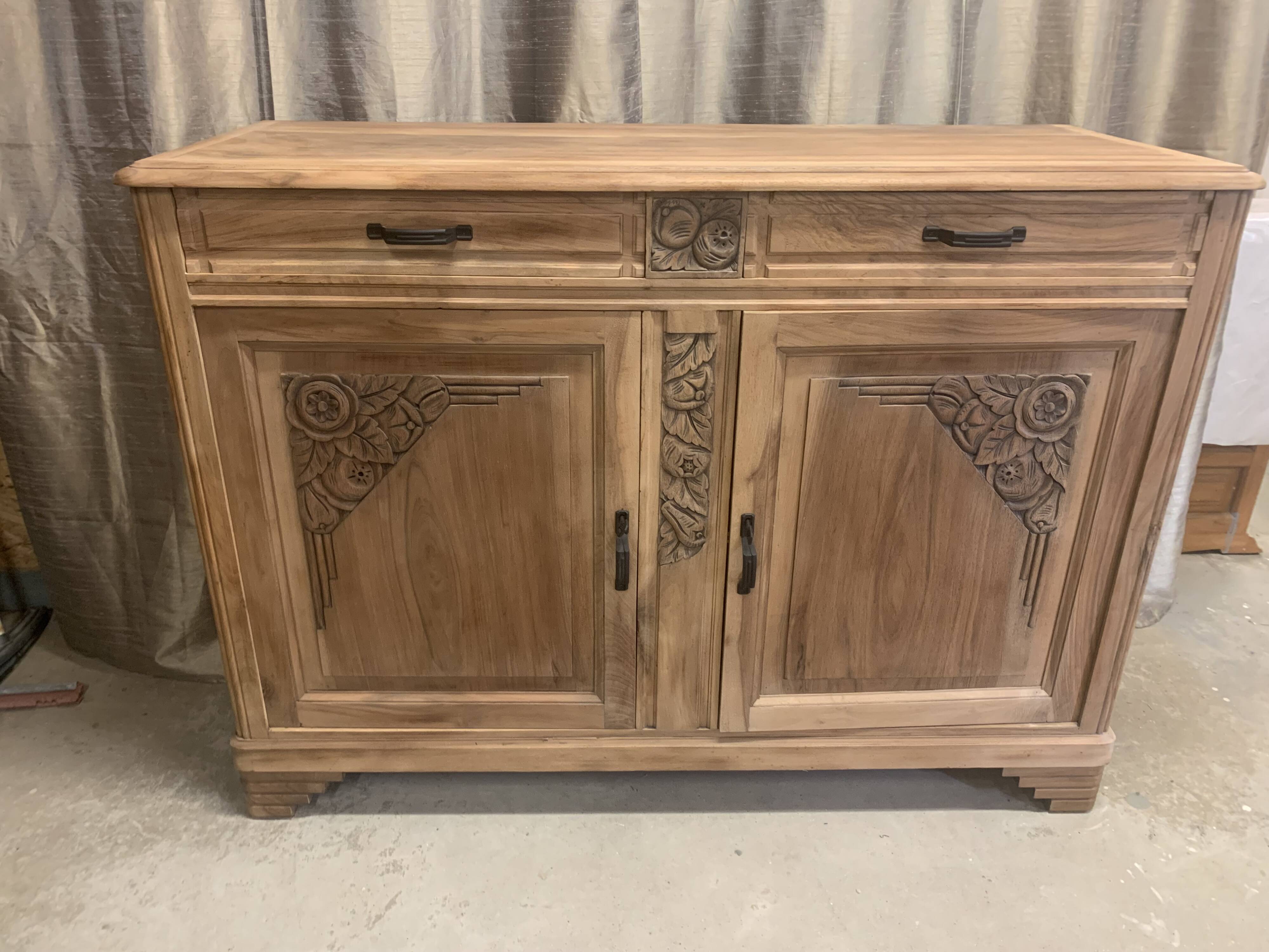 Art Deco raw wood sideboard in solid walnut