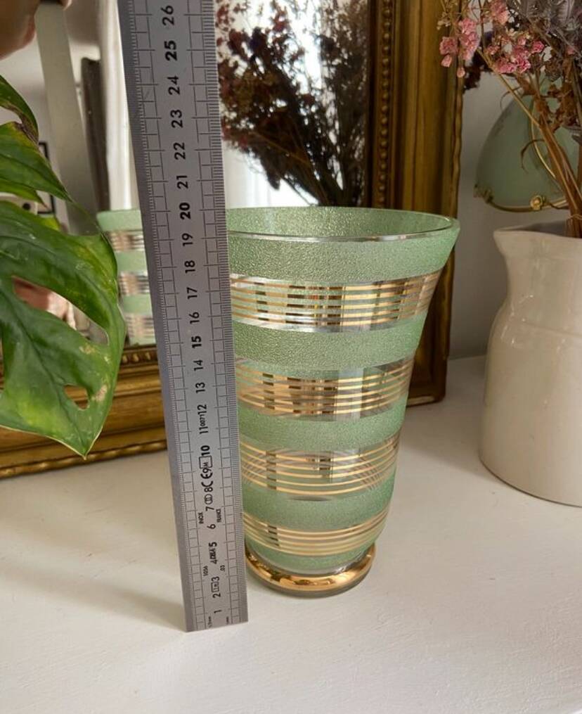 Vintage 1950s Art Deco vase in green granite glass with gold trim