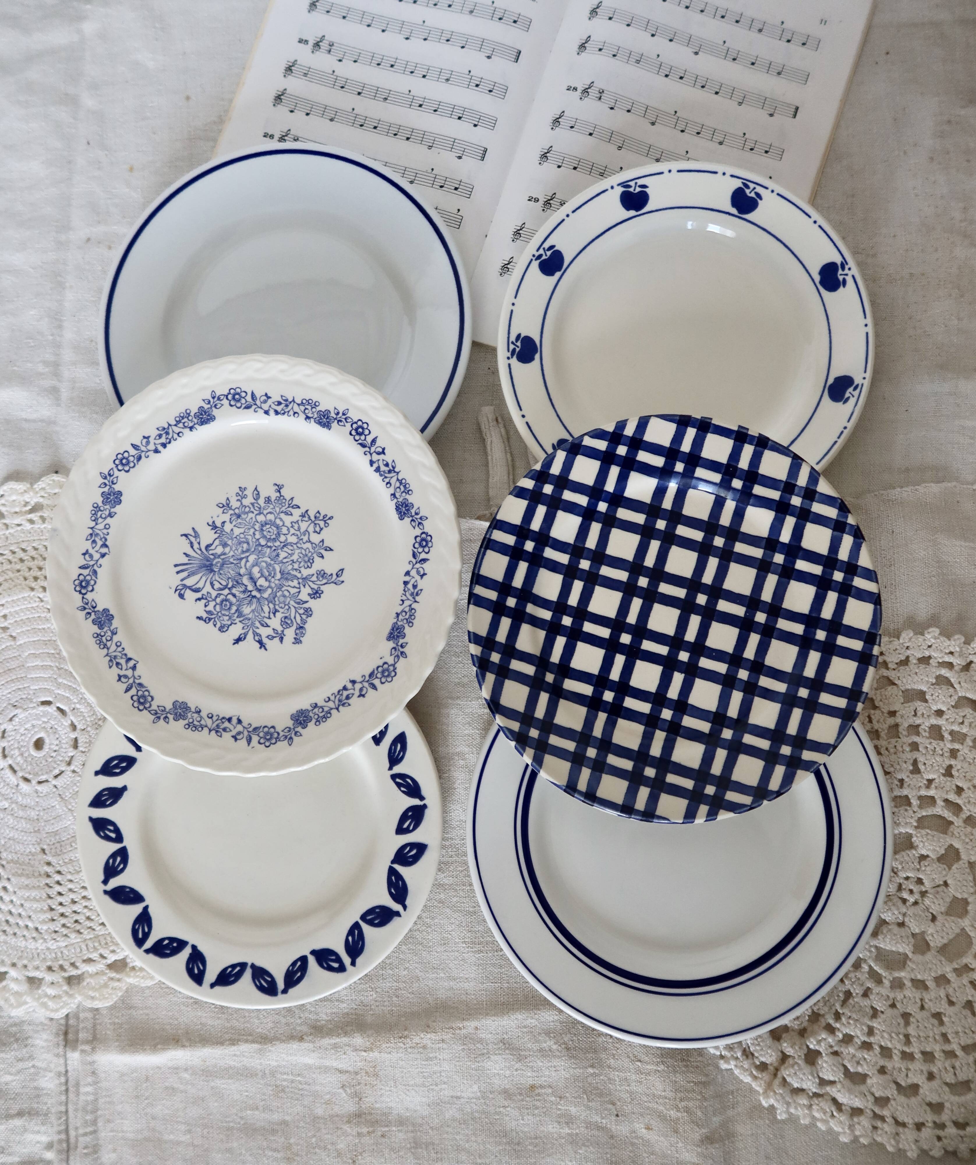 6 vintage earthenware and blue and white porcelain dessert plates - Roxanna lot